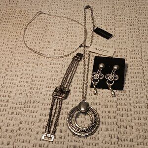 Lot of 4 silver-tone jewelry - 2 necklaces, earrings, bracelet - most NWT